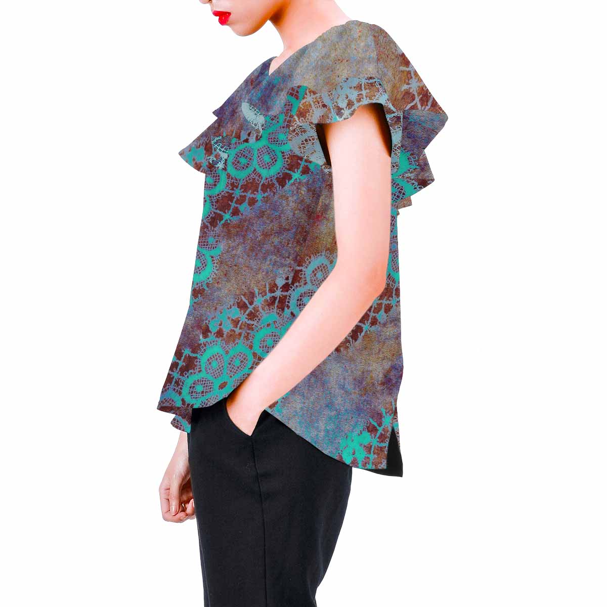 Victorian Lace print Chiffon Blouse, design 37