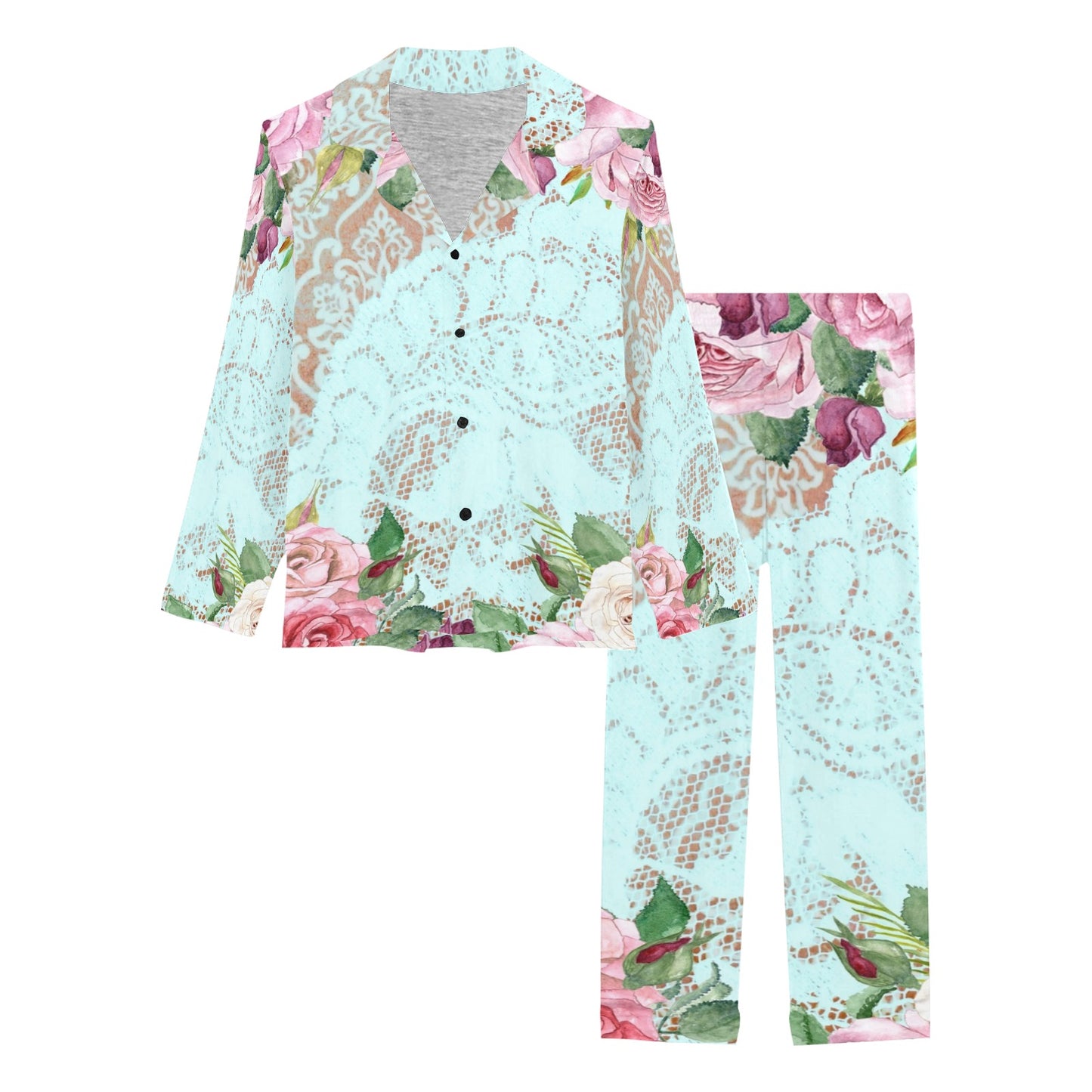 Victorian printed lace pajama set, design 24 Women's Long Pajama Set (Sets 02)