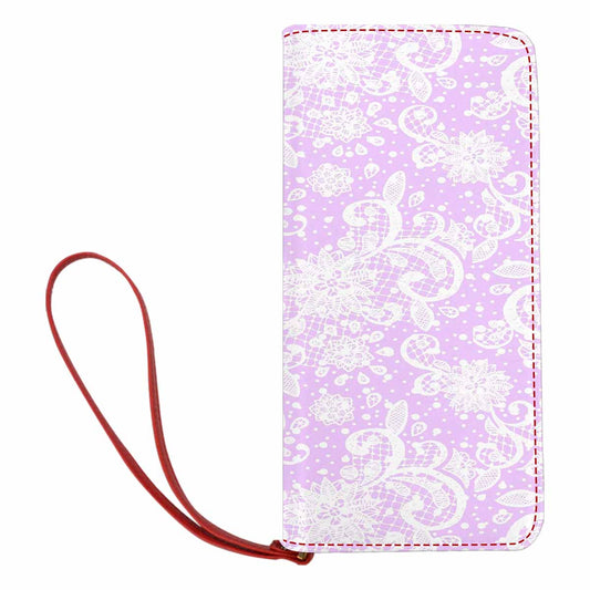 Victorian lace print womens wallet, clutch purse, red trim, design 06