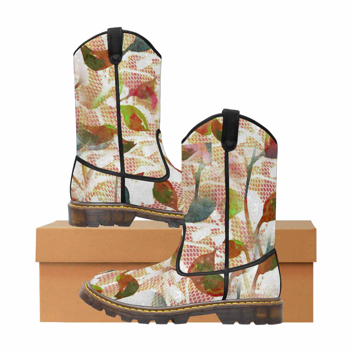 Victorian lace print, western lumber boots, design 52