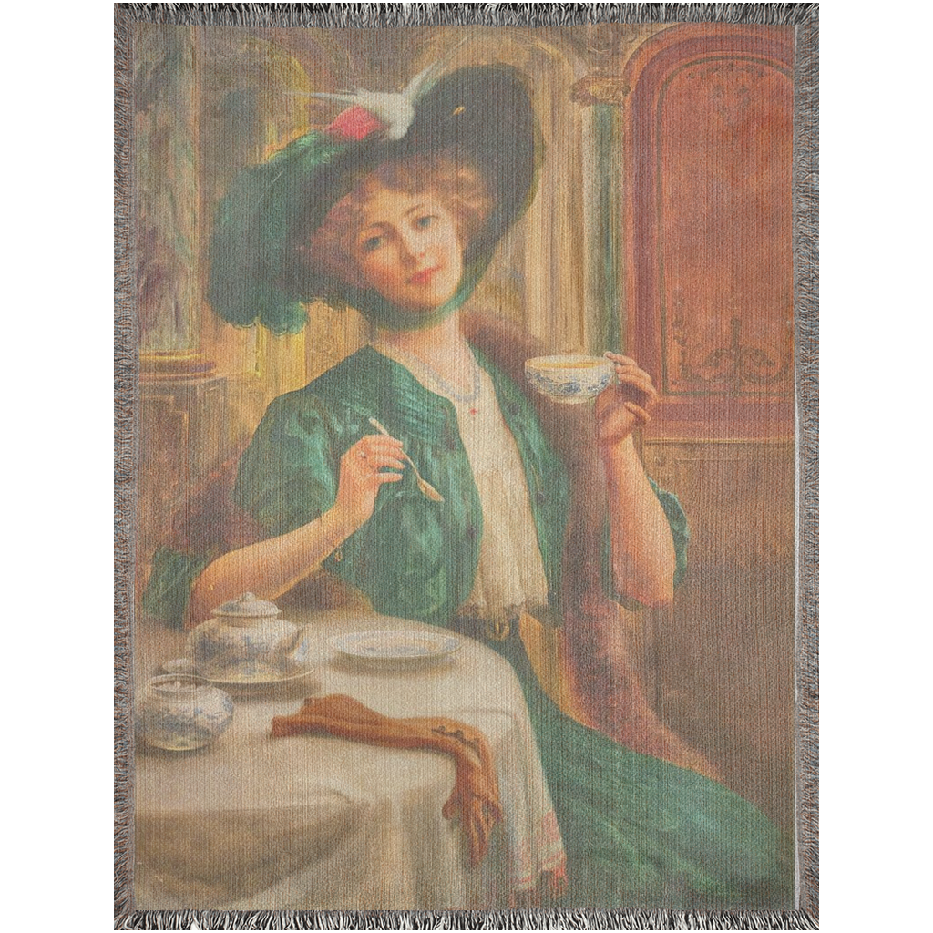 100% cotton Victorian Lady design design woven blanket, 50 x 60 or 60 x 80in, lady in green