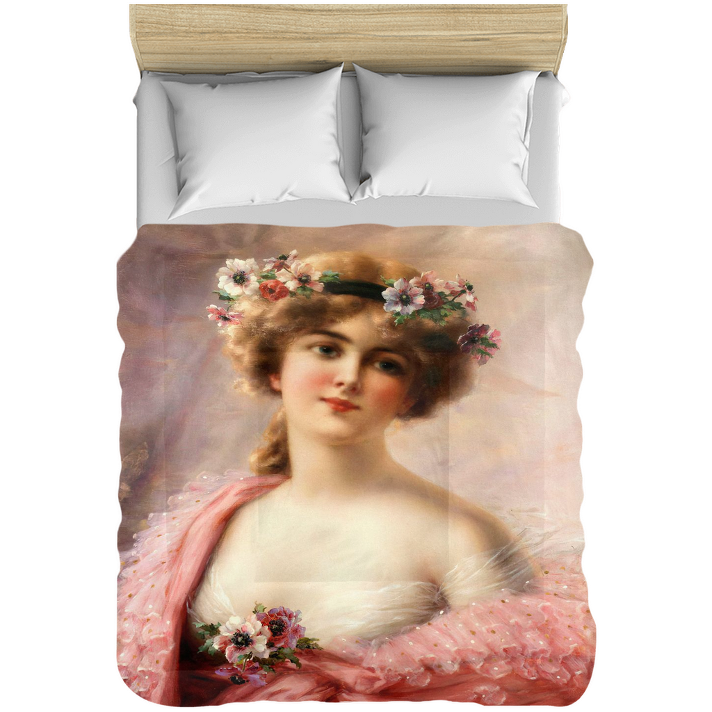 Victorian lady design comforter, twin, twin XL, queen or king, Young Girl with Anemones