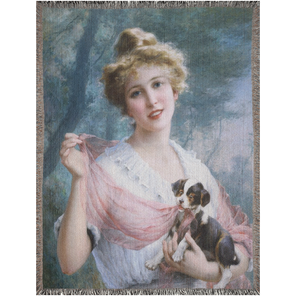 100% cotton Victorian Lady design design woven blanket, 50 x 60 or 60 x 80in, The Mischievous Puppy