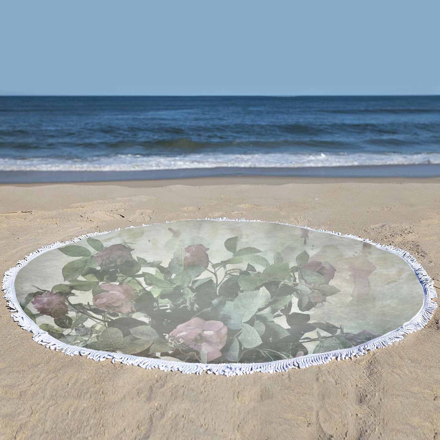 Vintage Floral circular plush beach towel, fringe edges, Design 23
