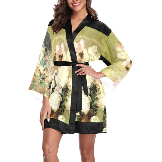 Vintage Floral Kimono Robe, Black or White Trim, Sizes XS to 2XL, Design 34