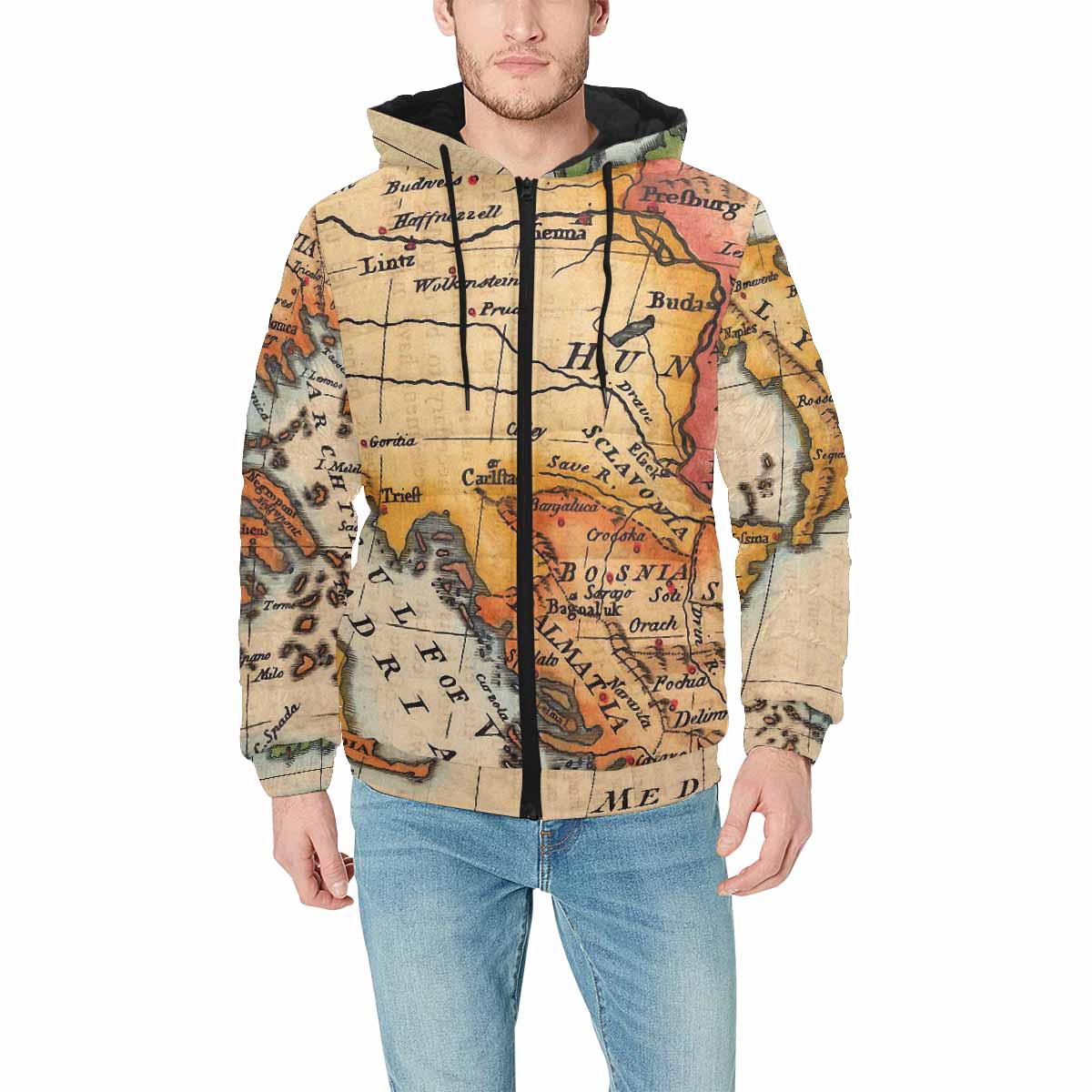 Antique Map design, mens lightweight, warm, quilted hooded bomber jacket, design, 22