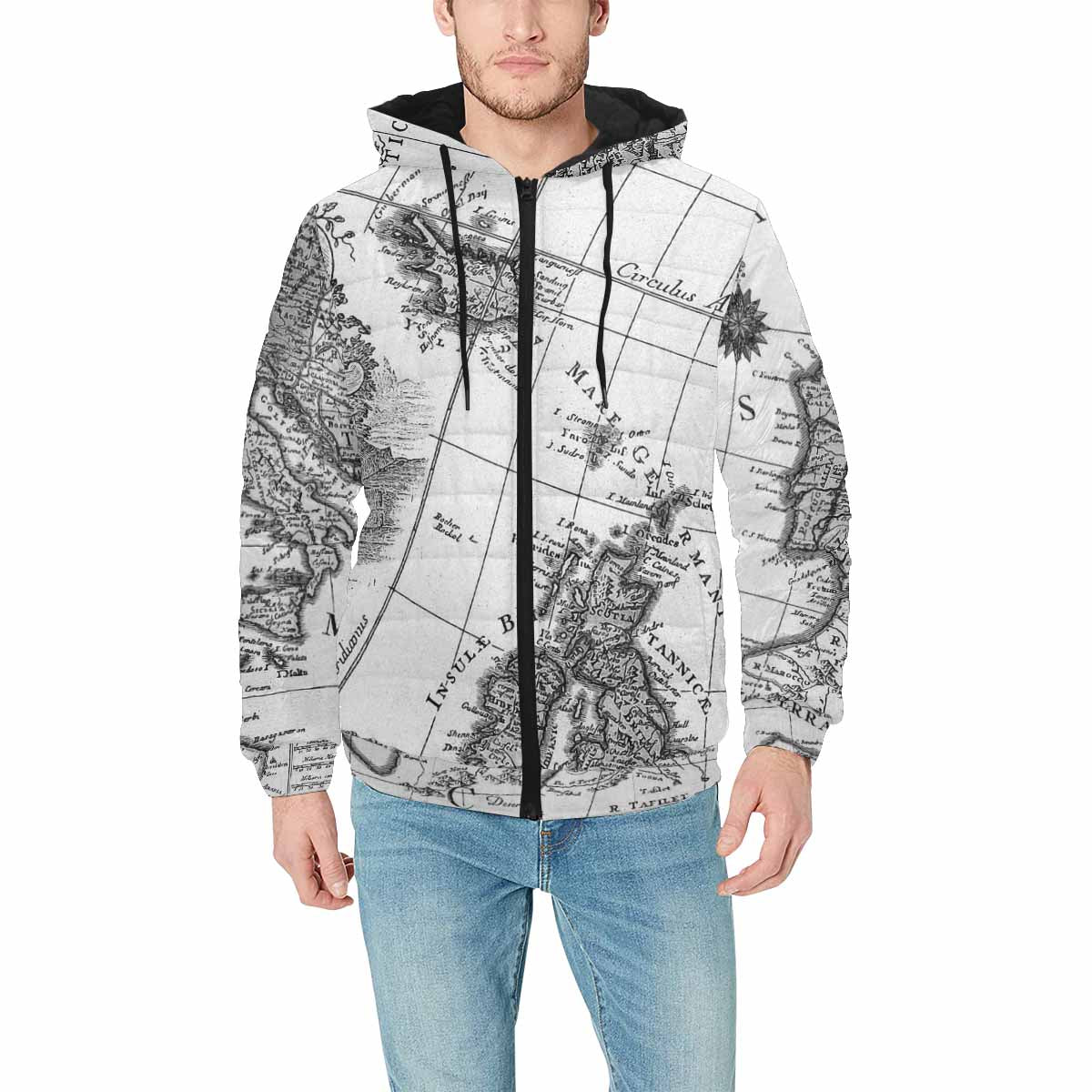 Antique Map design, mens lightweight, warm, quilted hooded bomber jacket, design, 41