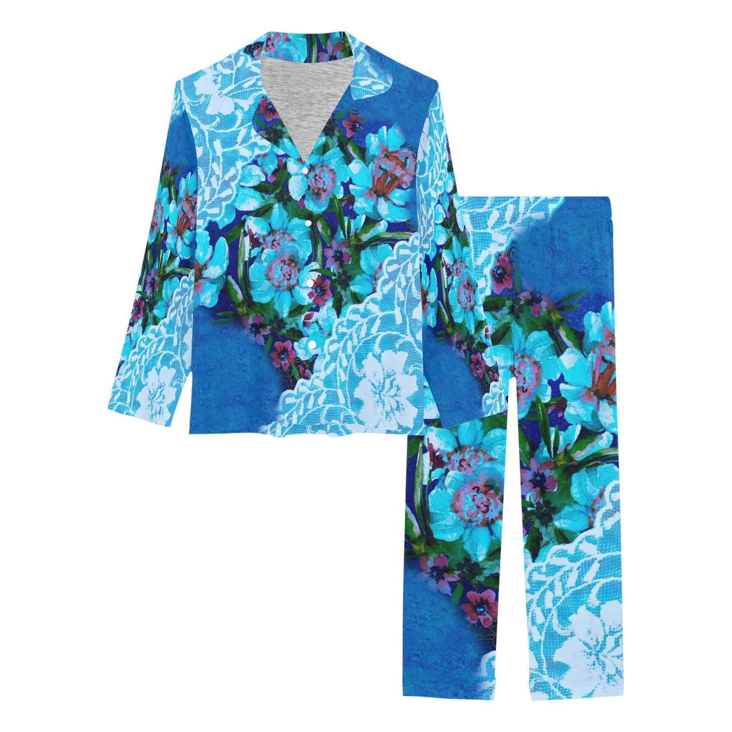 Victorian printed lace pajama set, design 49 Women's Long Pajama Set (Sets 02)