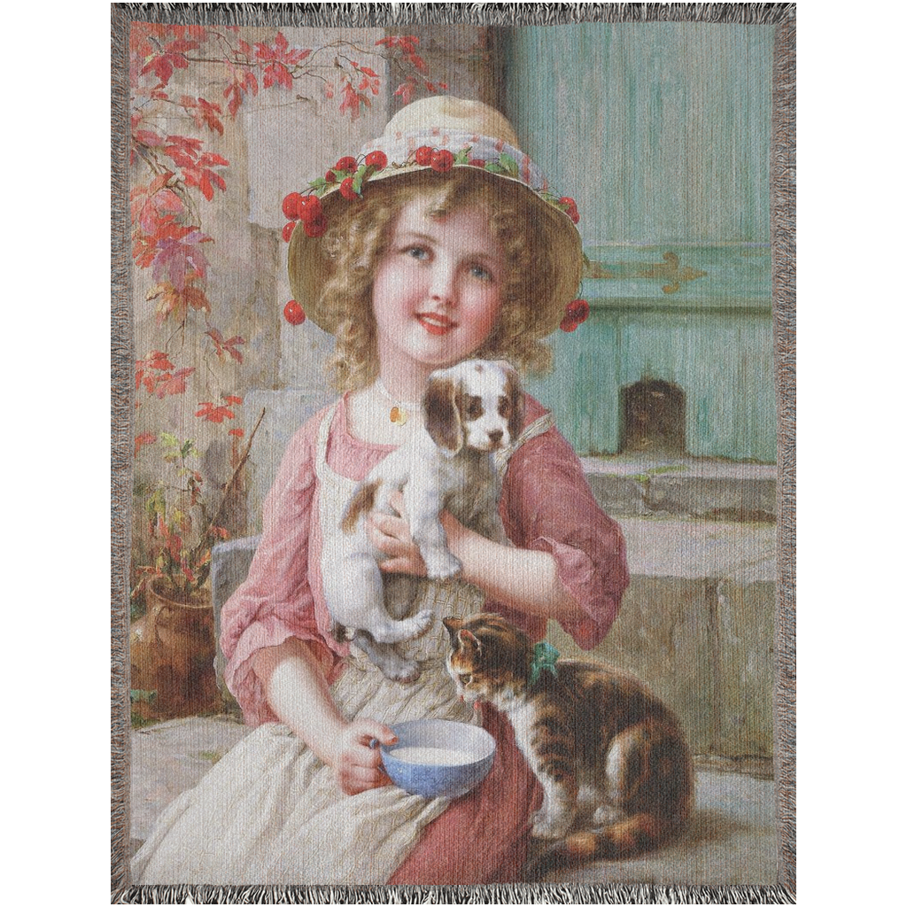 100% cotton Victorian Girl design woven blanket, 50 x 60 or 60 x 80in, New Friends