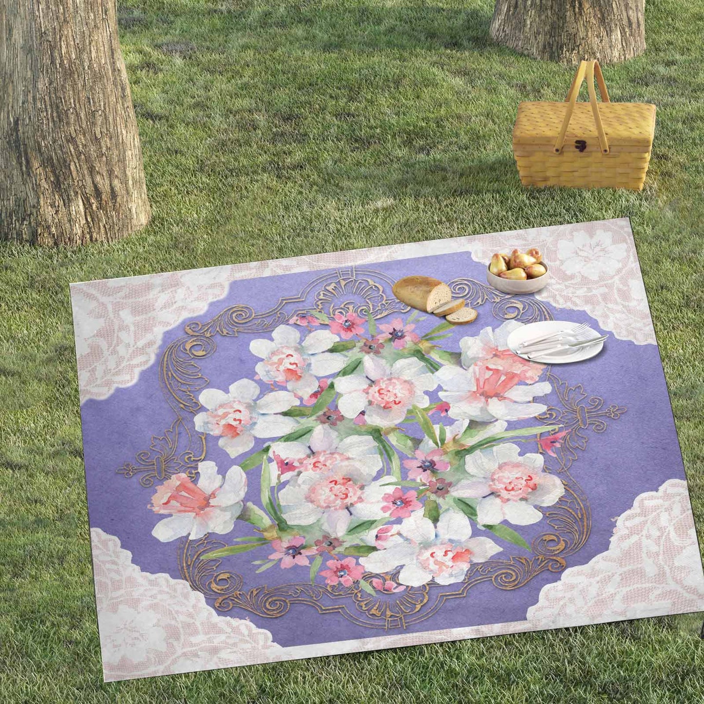 Victorian lace print waterproof picnic mat, 69 x 55in, design 47
