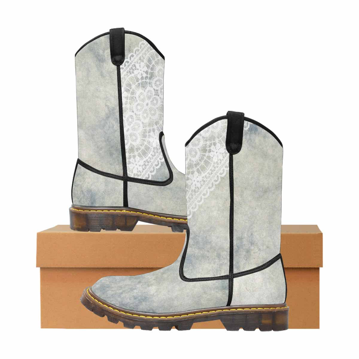 Victorian lace print, western lumber boots, design 36