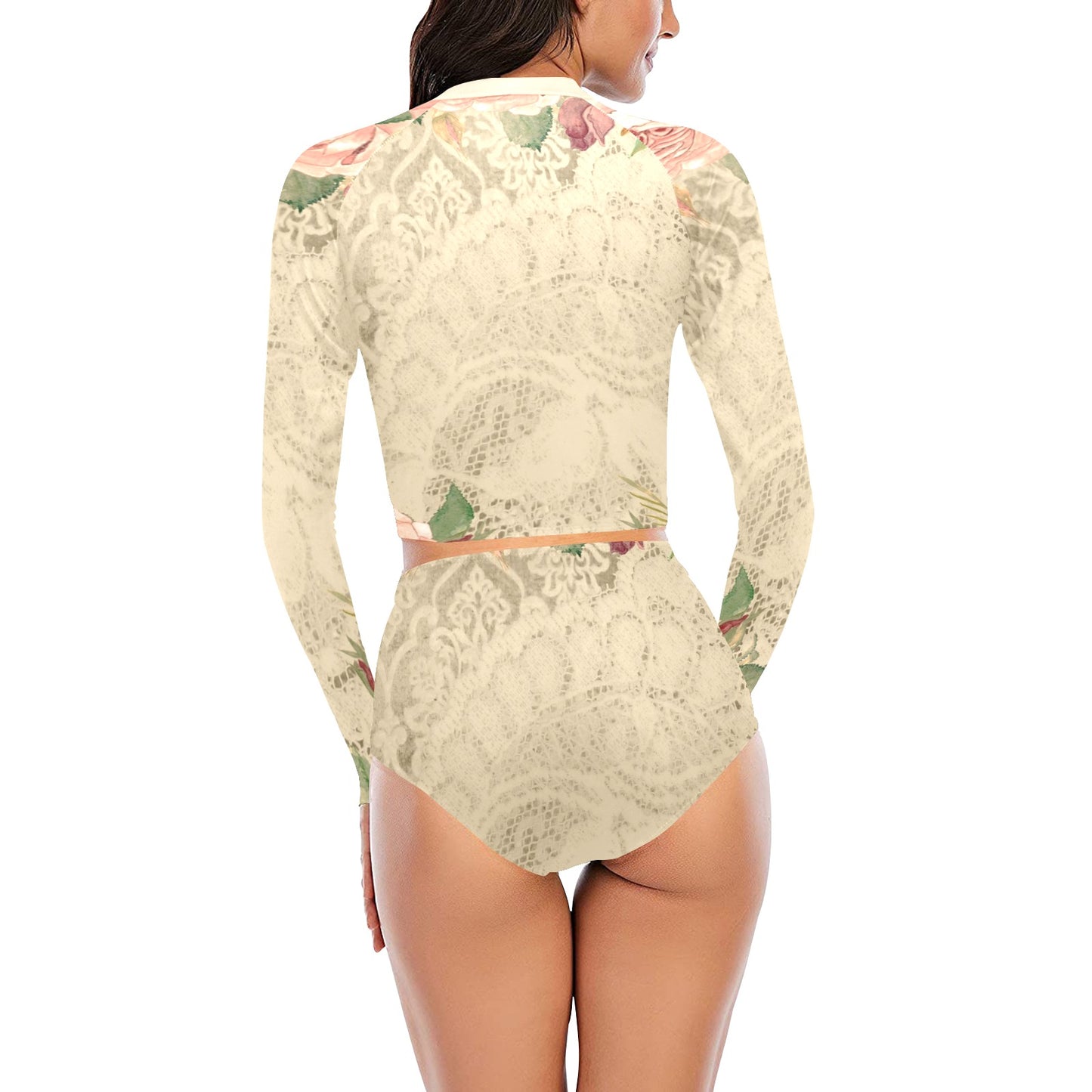 Victorian printed lace, long sleeve 2pc swimsuit, beachwear, design 25 Long Sleeve Bikini Set (Model S27)