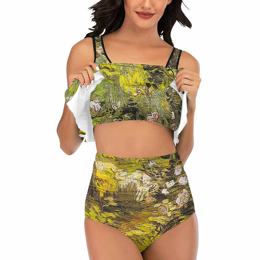 Vintage floral high waisted flounce top bikini, swim wear, Design 05