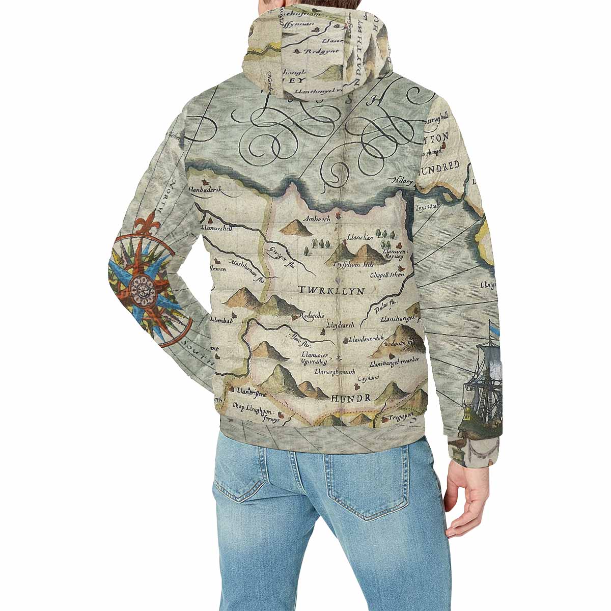 Antique Map design, mens lightweight, warm, quilted hooded bomber jacket, design, 13
