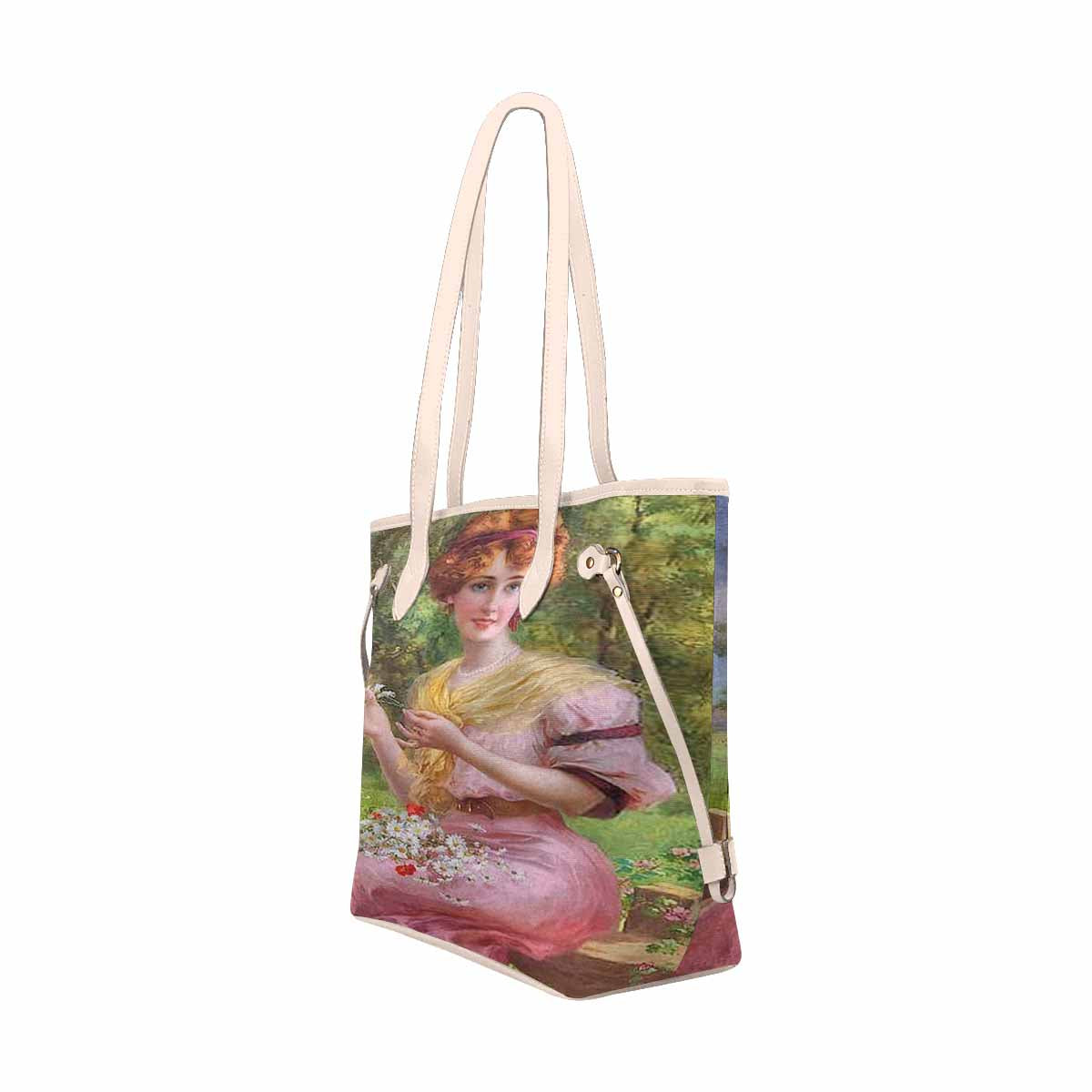 Victorian Lady Design Handbag, Model 1695361, Lady In Pink, BEIGE/TAN TRIM