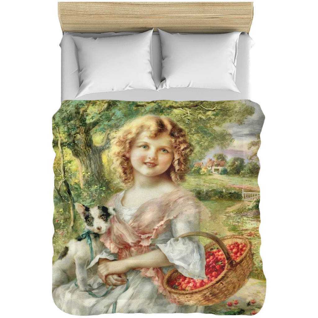 Victorian lady design comforter, twin, twin XL, queen or king, Girl with Cherry