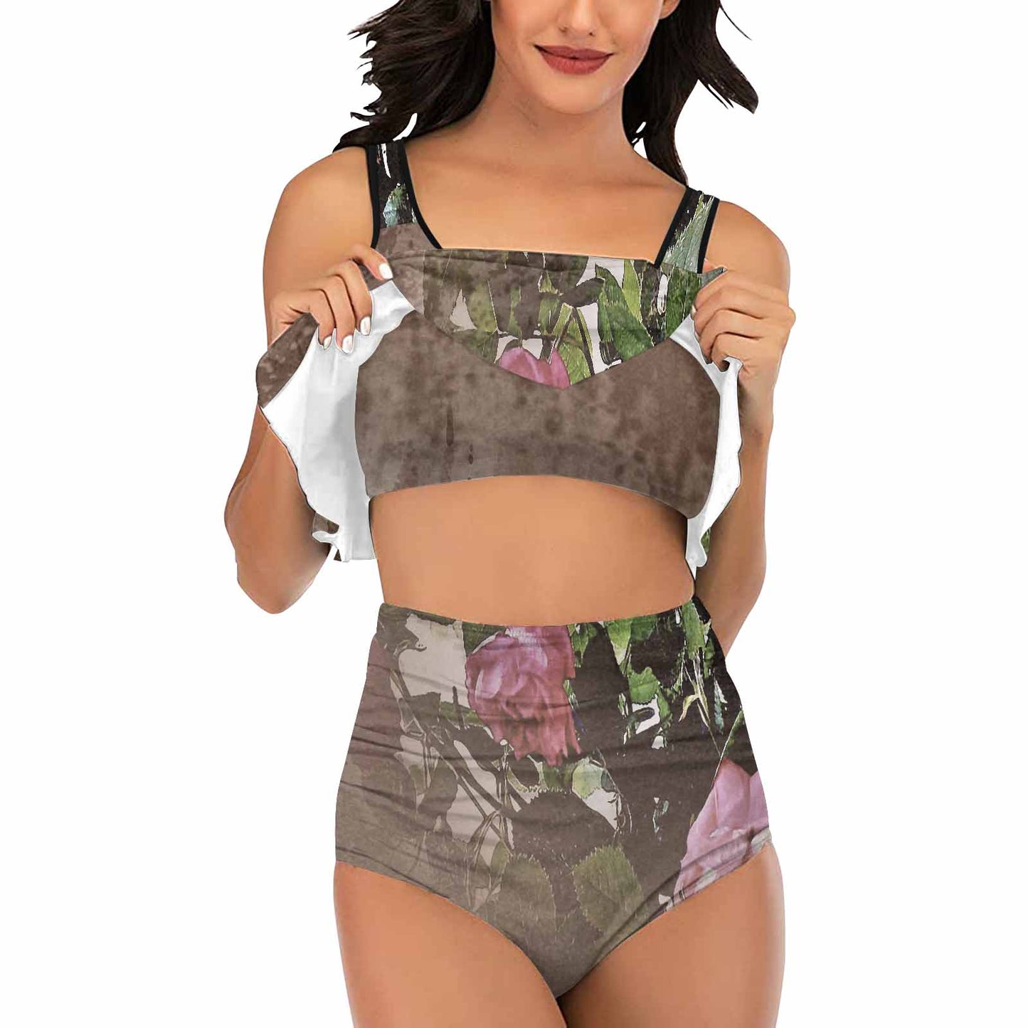 Vintage floral high waisted flounce top bikini, swim wear, Design 22x