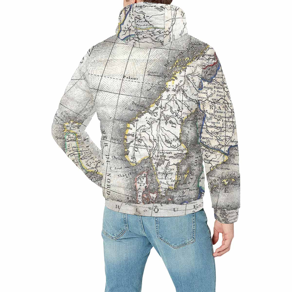 Antique Map design, mens lightweight, warm, quilted hooded bomber jacket, design, 36