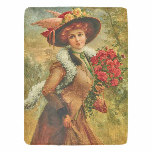 Victorian Lady Design BLANKET, LARGE 60 in x 80 in, Elegant Lady With A Bouquet Of Roses