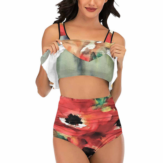 Vintage floral high waisted flounce top bikini, swim wear, Design 14