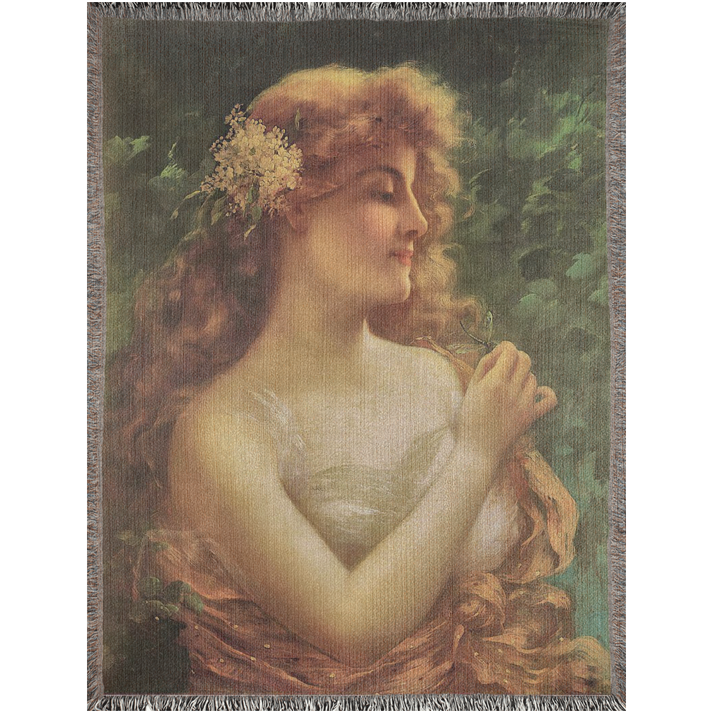 100% cotton Victorian Lady design design woven blanket, 50 x 60 or 60 x 80in, Young Woman with a Dragonfly