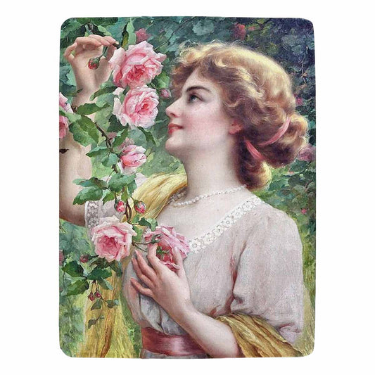 Victorian Lady Design BLANKET, LARGE 60 in x 80 in, Lady Picking Pink Rose