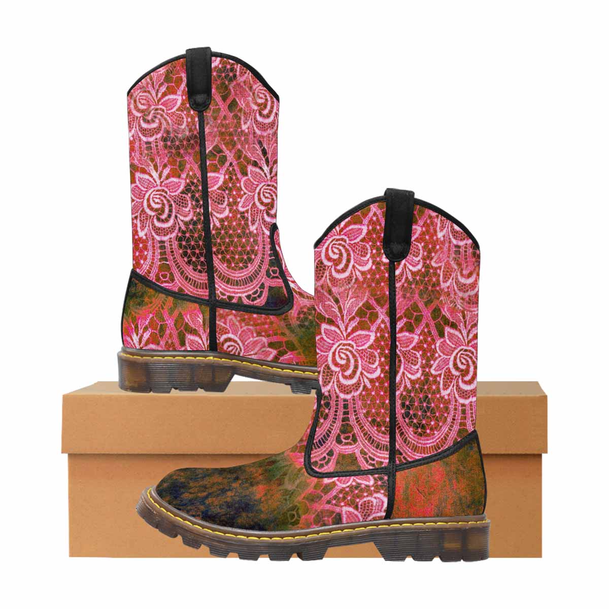 Victorian lace print, western lumber boots, design 32