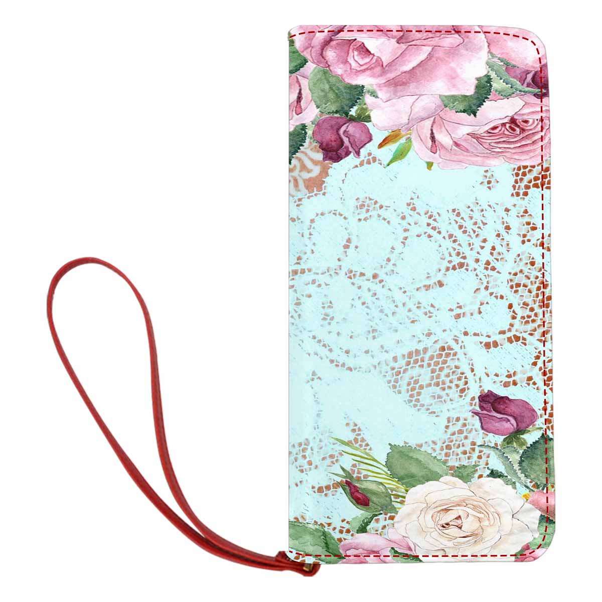 Victorian lace print womens wallet, clutch purse, red trim, design 24