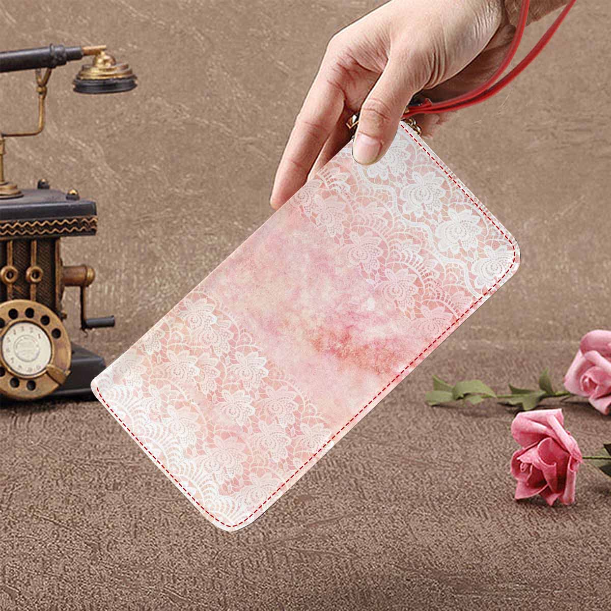 Victorian lace print womens wallet, clutch purse, red trim, design 38