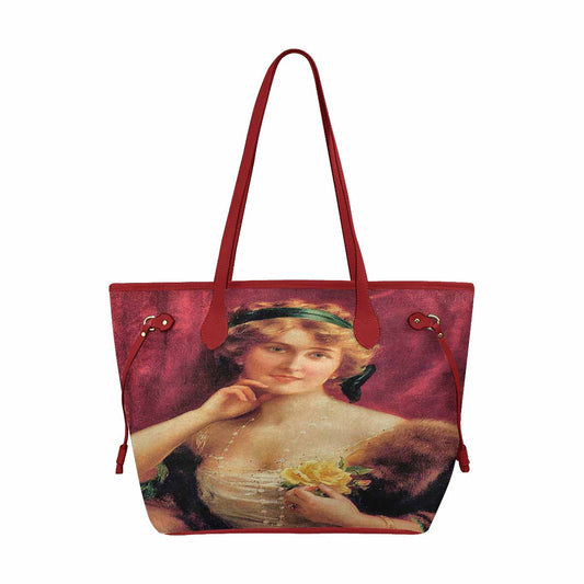 Victorian Lady Design Handbag, Model 1695361, Elegant Lady With A Yellow Rose, RED TRIM