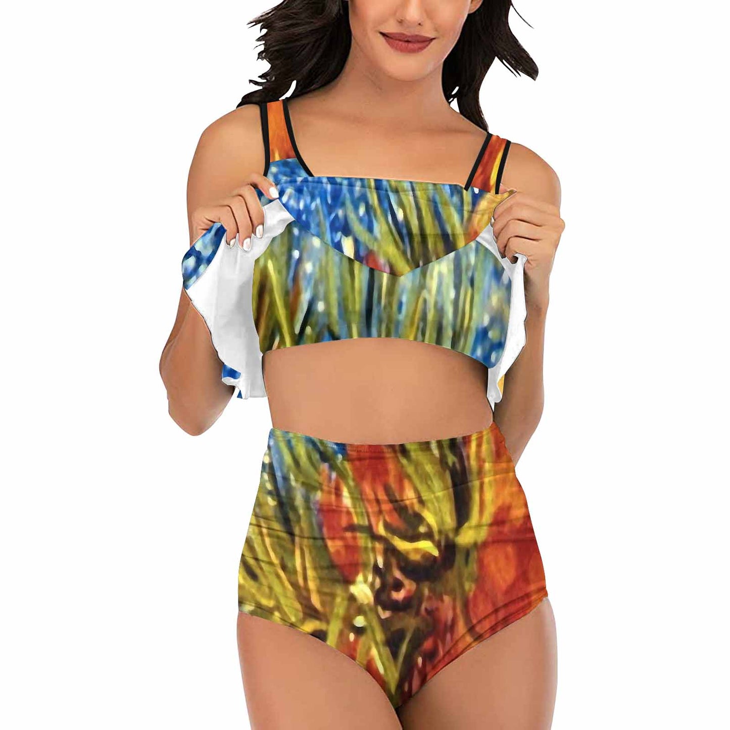 Vintage floral high waisted flounce top bikini, swim wear, Design 42