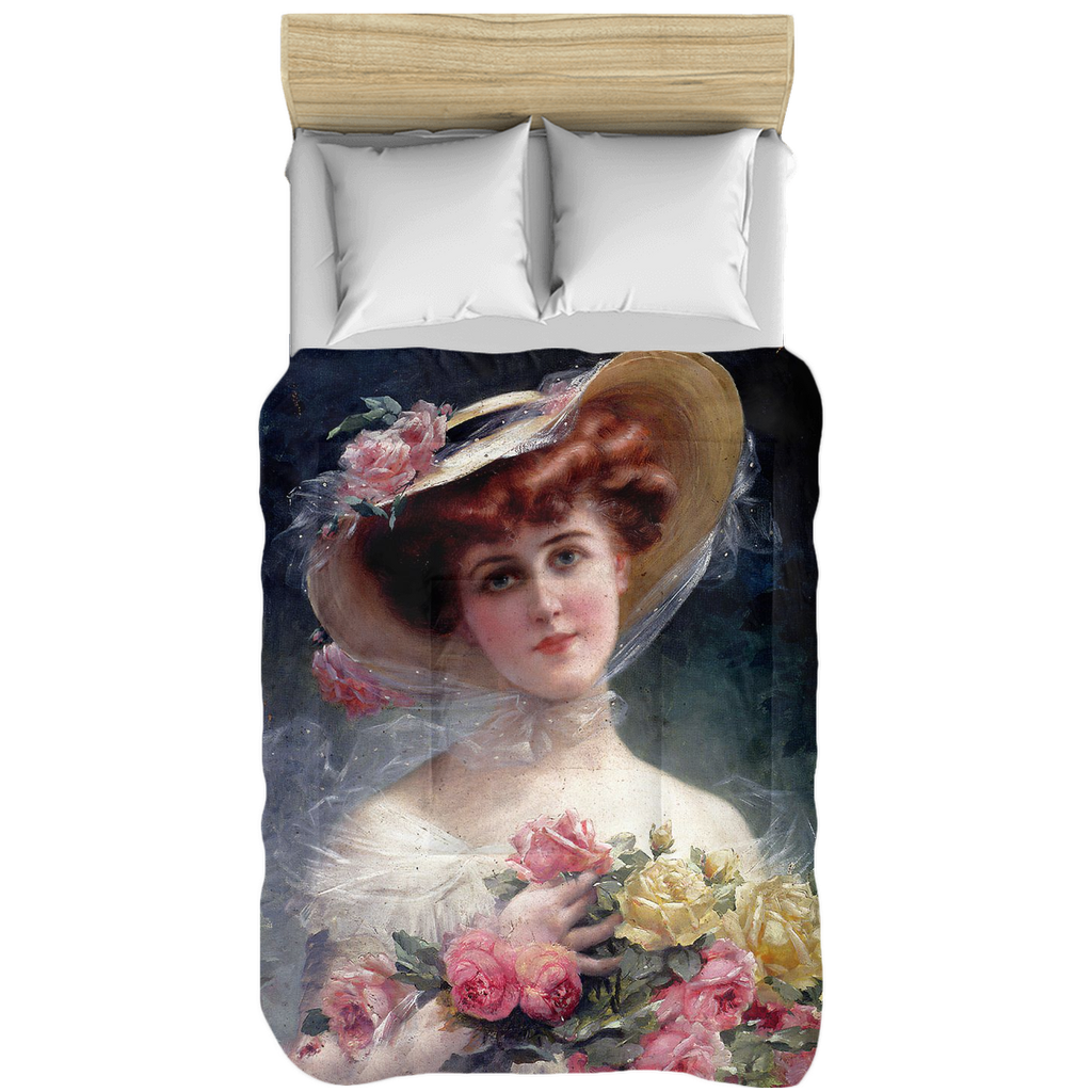 Victorian lady design comforter, twin, twin XL, queen or king, BEAUTY WITH FLOWERS