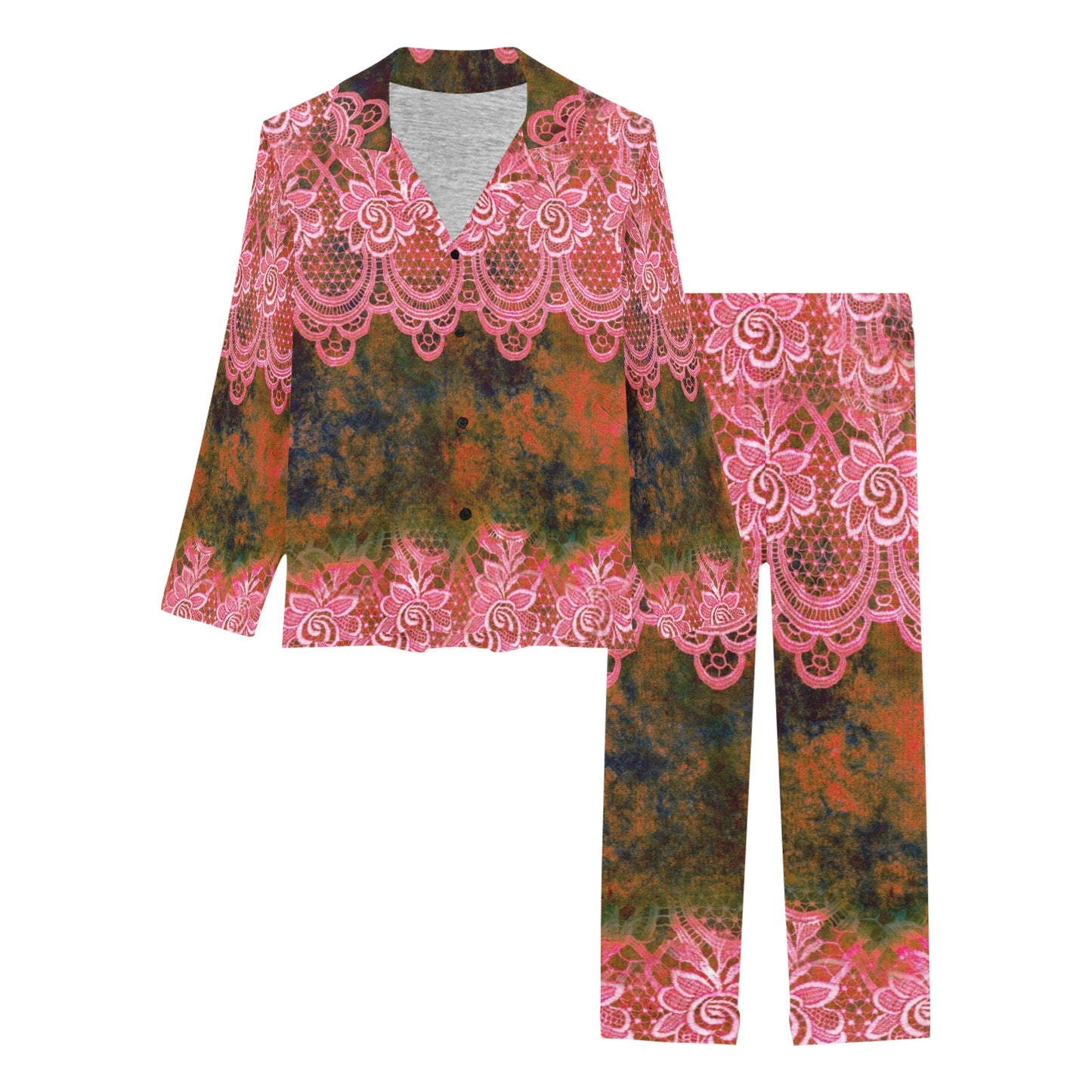 Victorian printed lace pajama set, design 32 Women's Long Pajama Set (Sets 02)