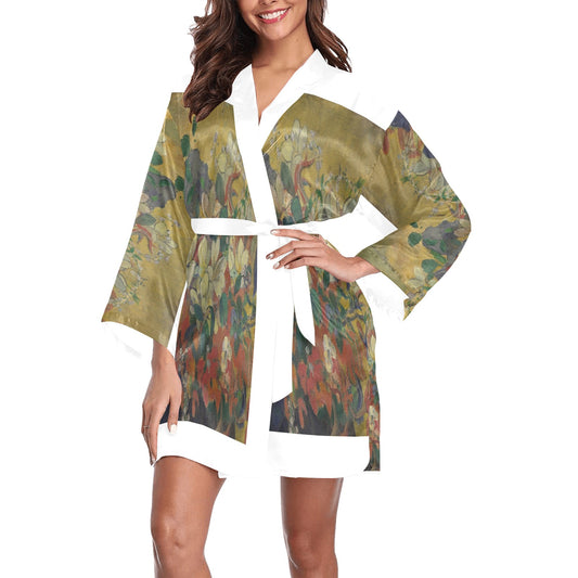 Vintage Floral Kimono Robe, Black or White Trim, Sizes XS to 2XL, Design 10