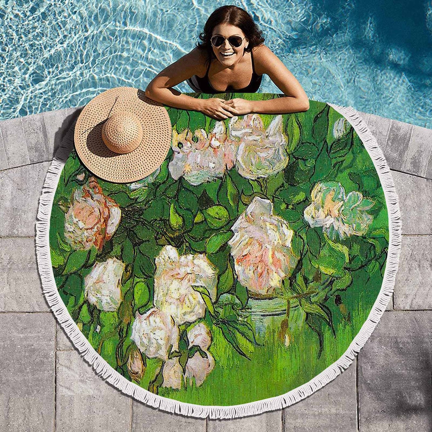 Vintage Floral circular plush beach towel, fringe edges, Design 06