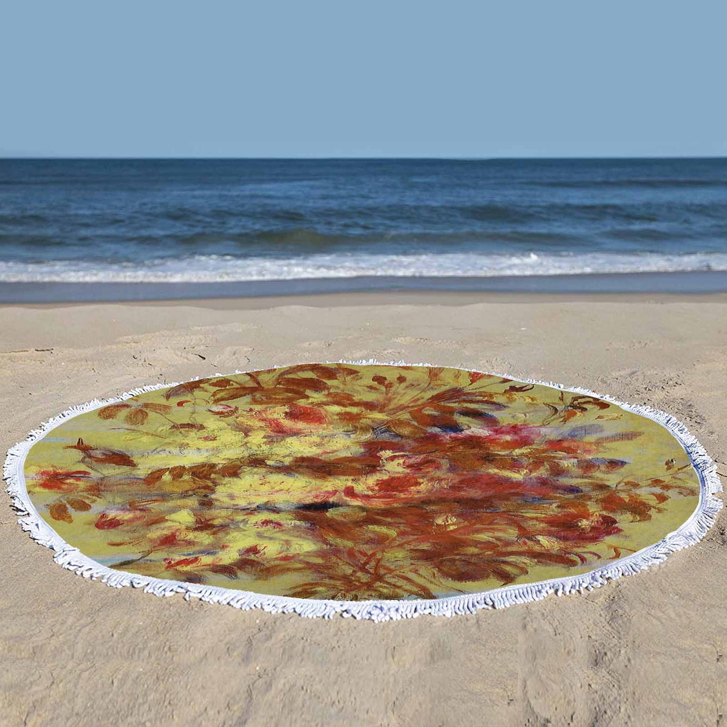 Vintage Floral circular plush beach towel, fringe edges, Design 11