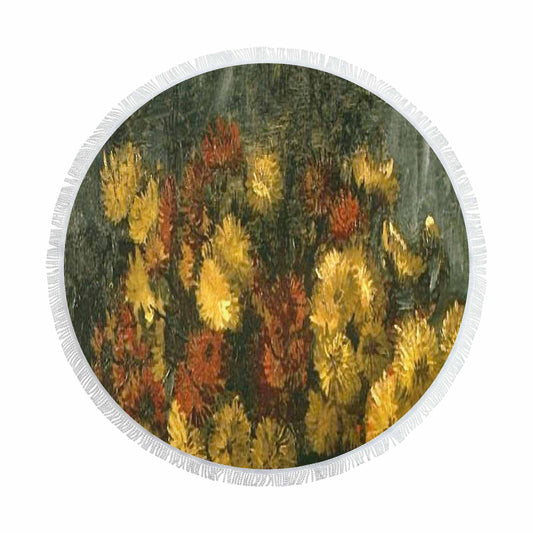 Vintage Floral circular plush beach towel, fringe edges, Design 28