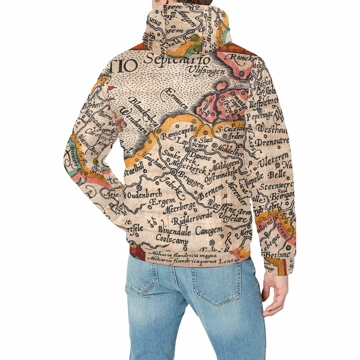 Antique Map design, mens lightweight, warm, quilted hooded bomber jacket, design, 12