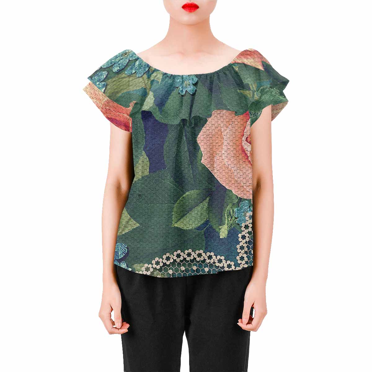 Victorian Lace print Chiffon Blouse, design 01