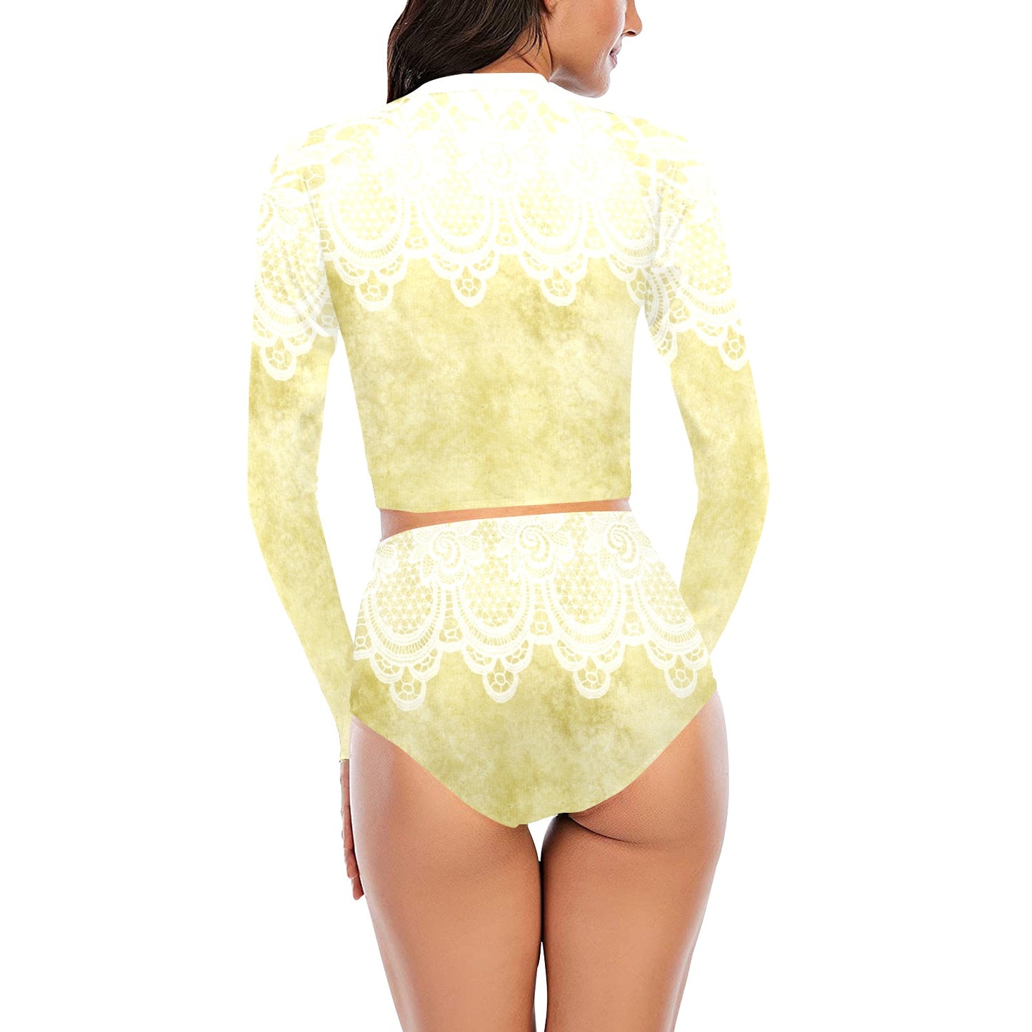 Victorian printed lace, long sleeve 2pc swimsuit, beachwear, design 44 Long Sleeve Bikini Set (Model S27)