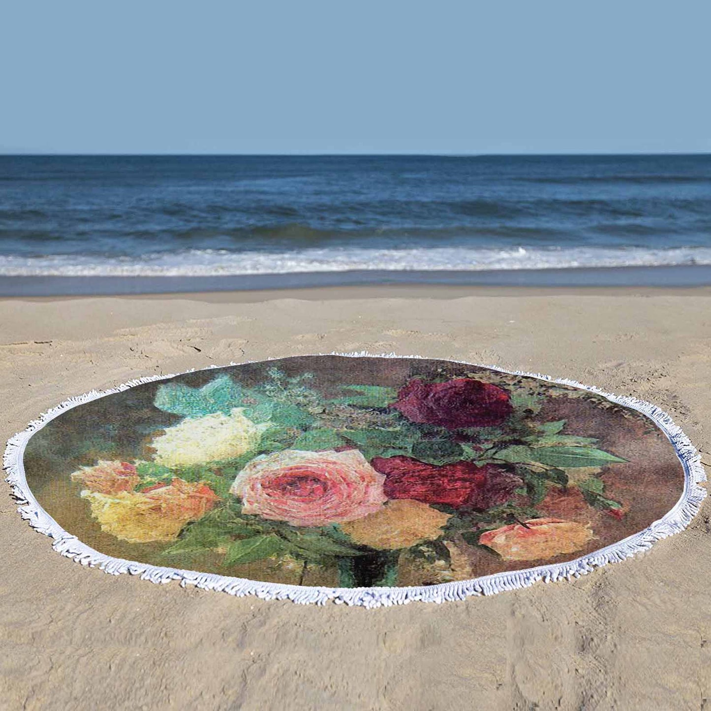 Vintage Floral circular plush beach towel, fringe edges, Design 29
