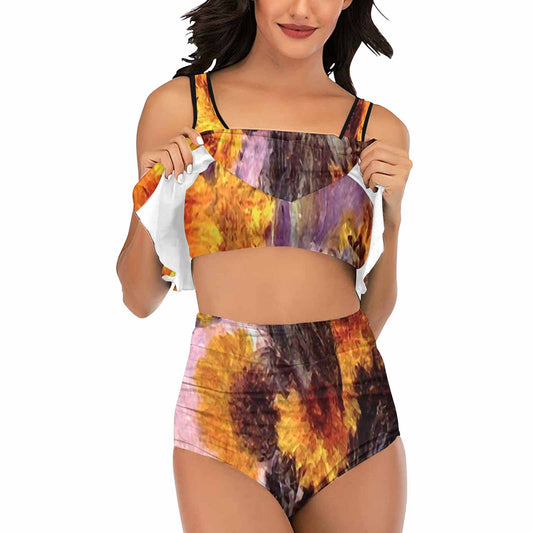 Vintage floral high waisted flounce top bikini, swim wear, Design 49