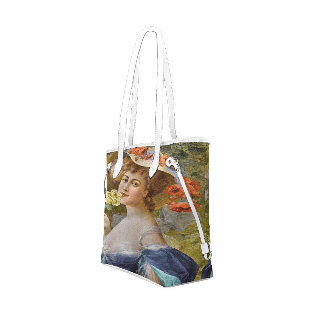 Victorian Lady Design Handbag, Model 1695361, Woman With Yellow Rose At Mouth, WHITE TRIM