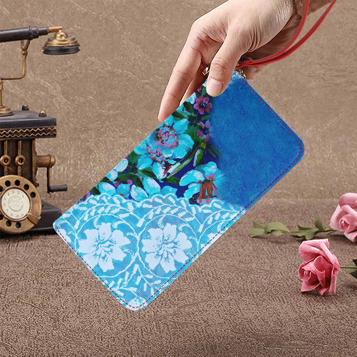 Victorian lace print womens wallet, clutch purse, red trim, design 49