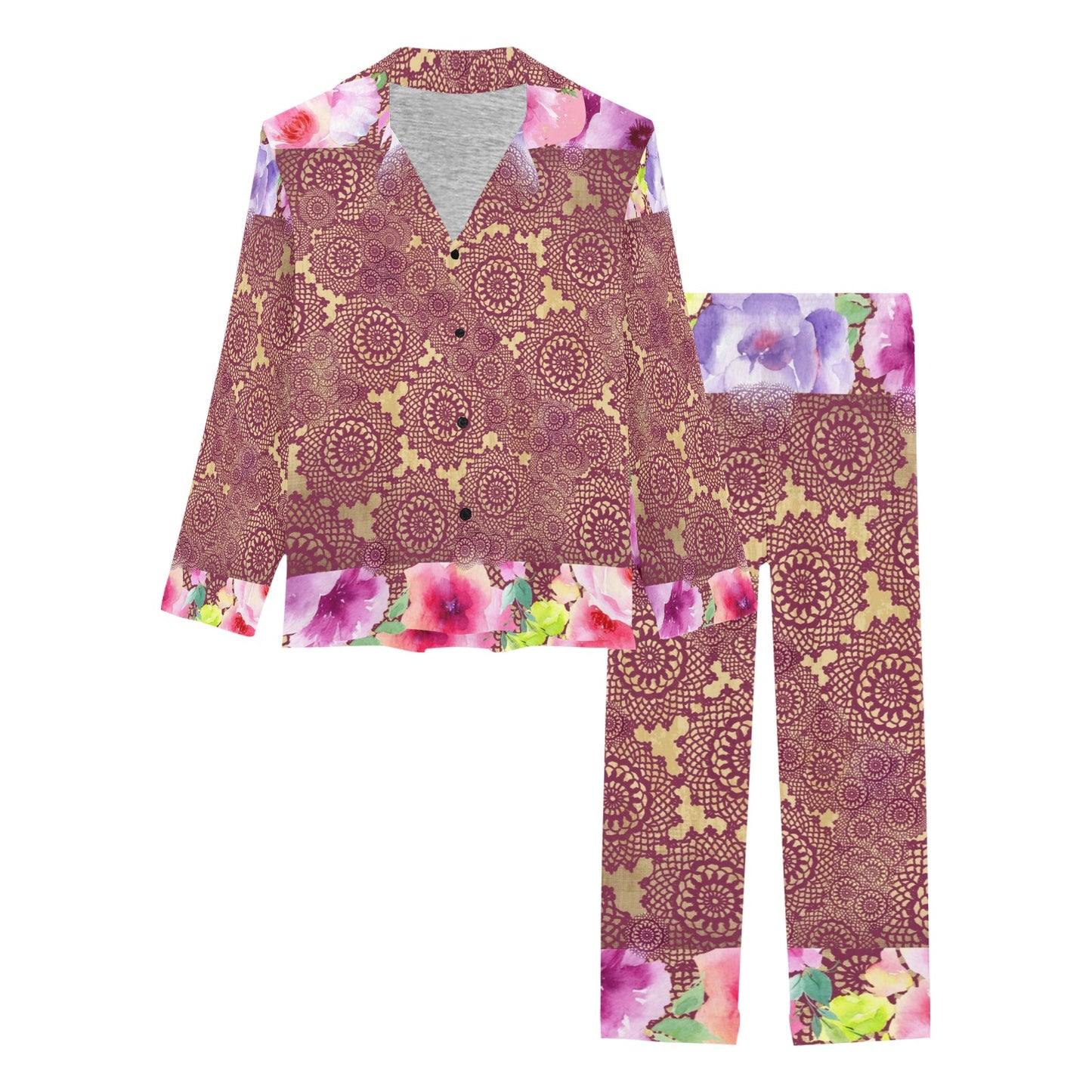 Victorian printed lace pajama set, design 13 Women's Long Pajama Set (Sets 02)