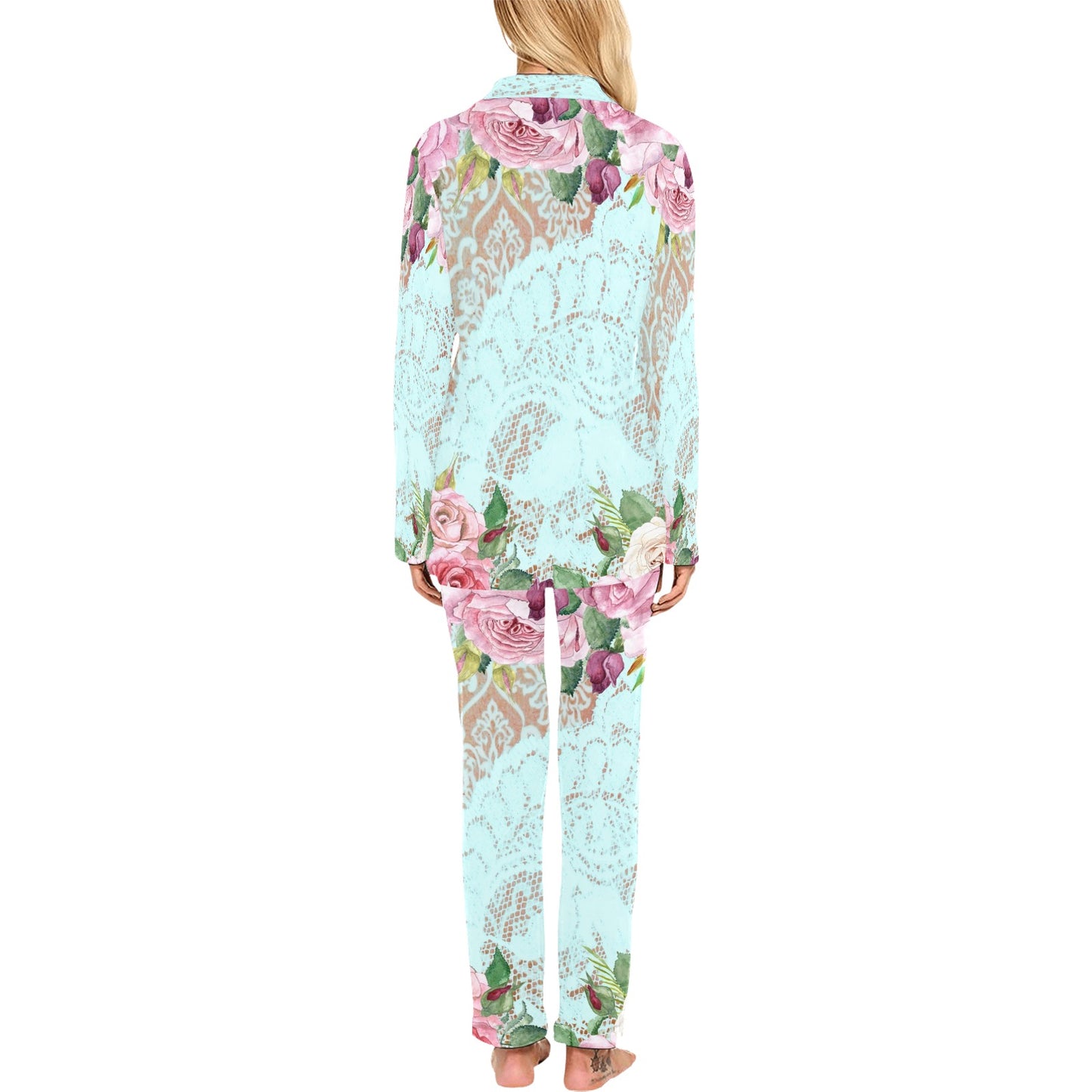 Victorian printed lace pajama set, design 24 Women's Long Pajama Set (Sets 02)