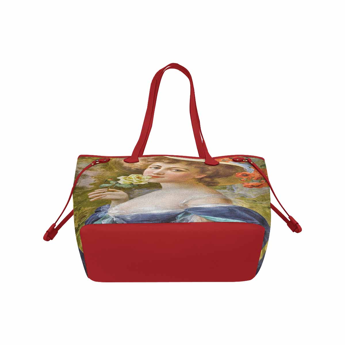 Victorian Lady Design Handbag, Model 1695361, Woman With Yellow Rose At Mouth, RED TRIM