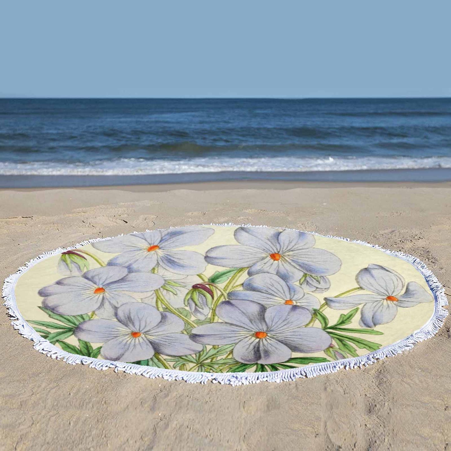 Vintage Floral circular plush beach towel, fringe edges, Design 13