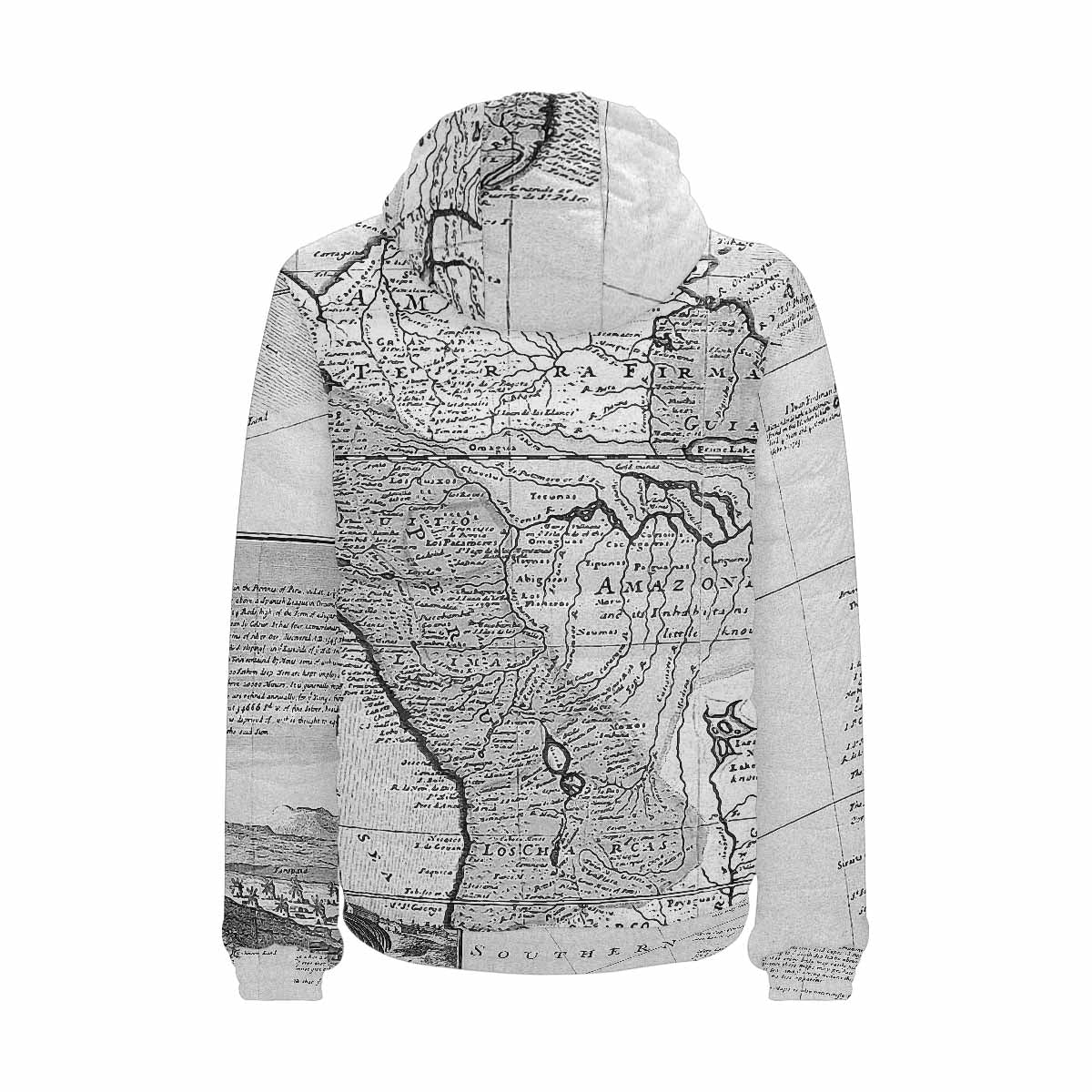 Antique Map design, mens lightweight, warm, quilted hooded bomber jacket, design, 38