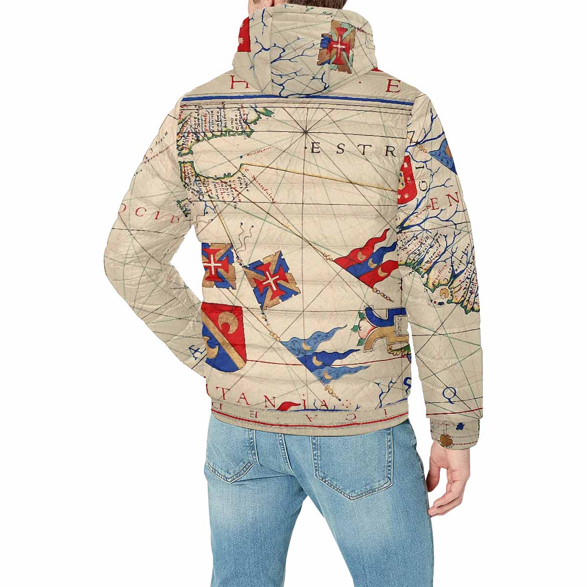 Antique Map design, mens lightweight, warm, quilted hooded bomber jacket, design, 45